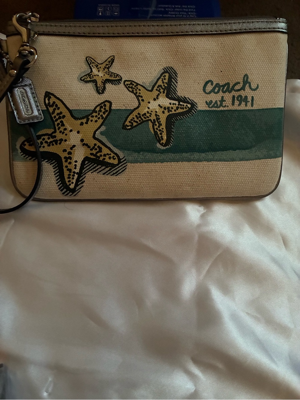 Coach Starfish Beach Wristlet Cream Teal Canvas Coastal Est 1941 Hangtag - Picture 4 of 6